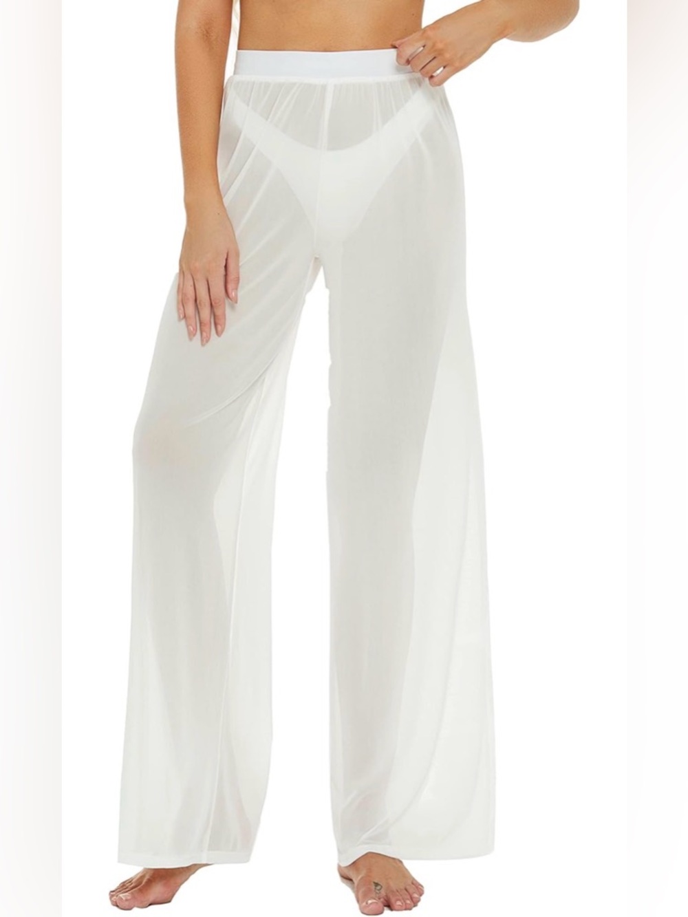 Sheer Wide-Leg Beach Cover-Up Pants - White